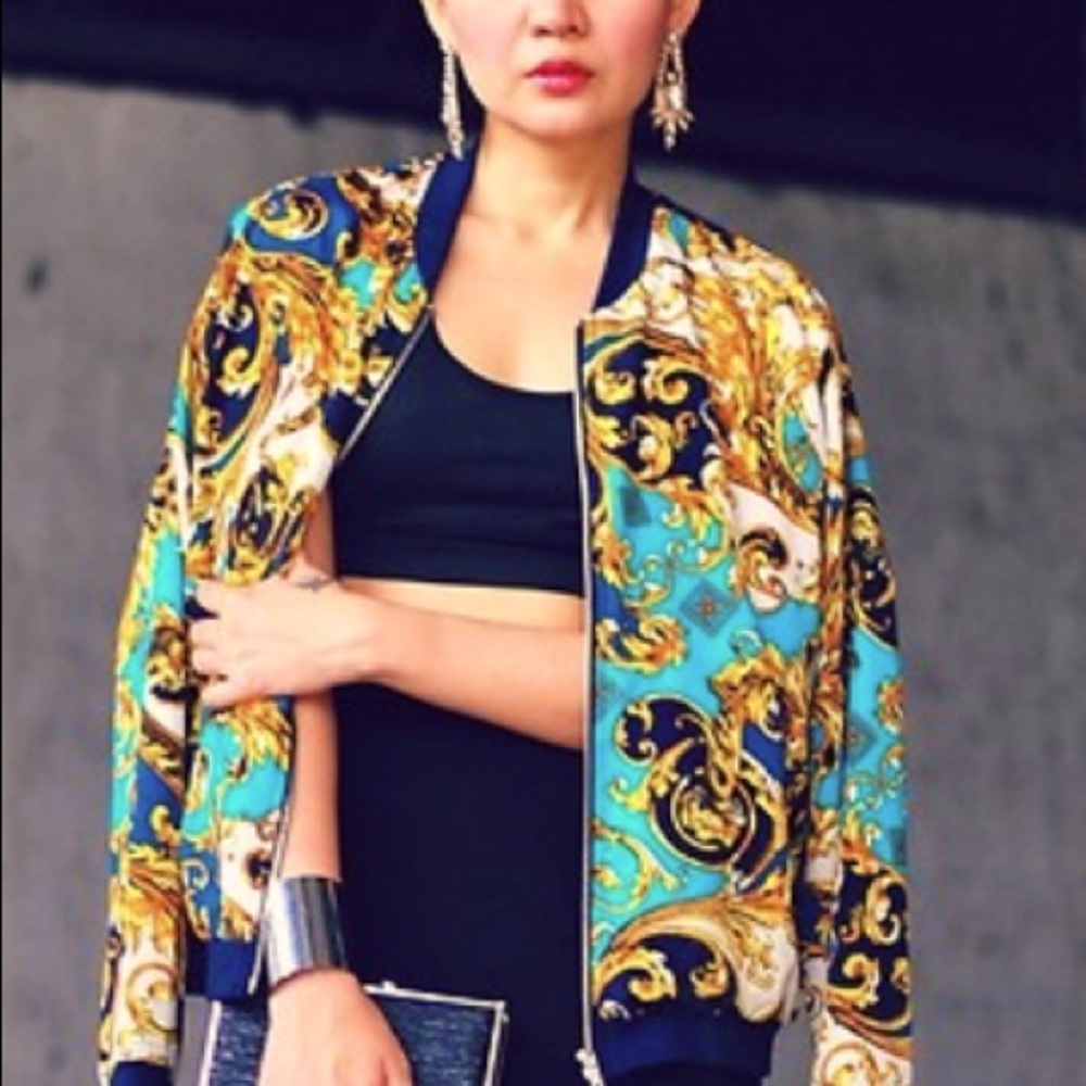 Baroque print silk like bomber jacket